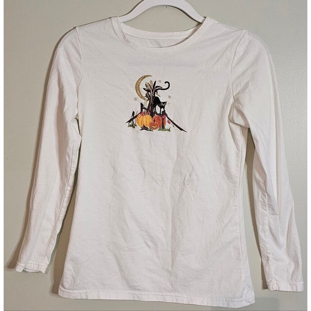 Ladies White Long Sleeve Shirt with Halloween Theme, Size Small